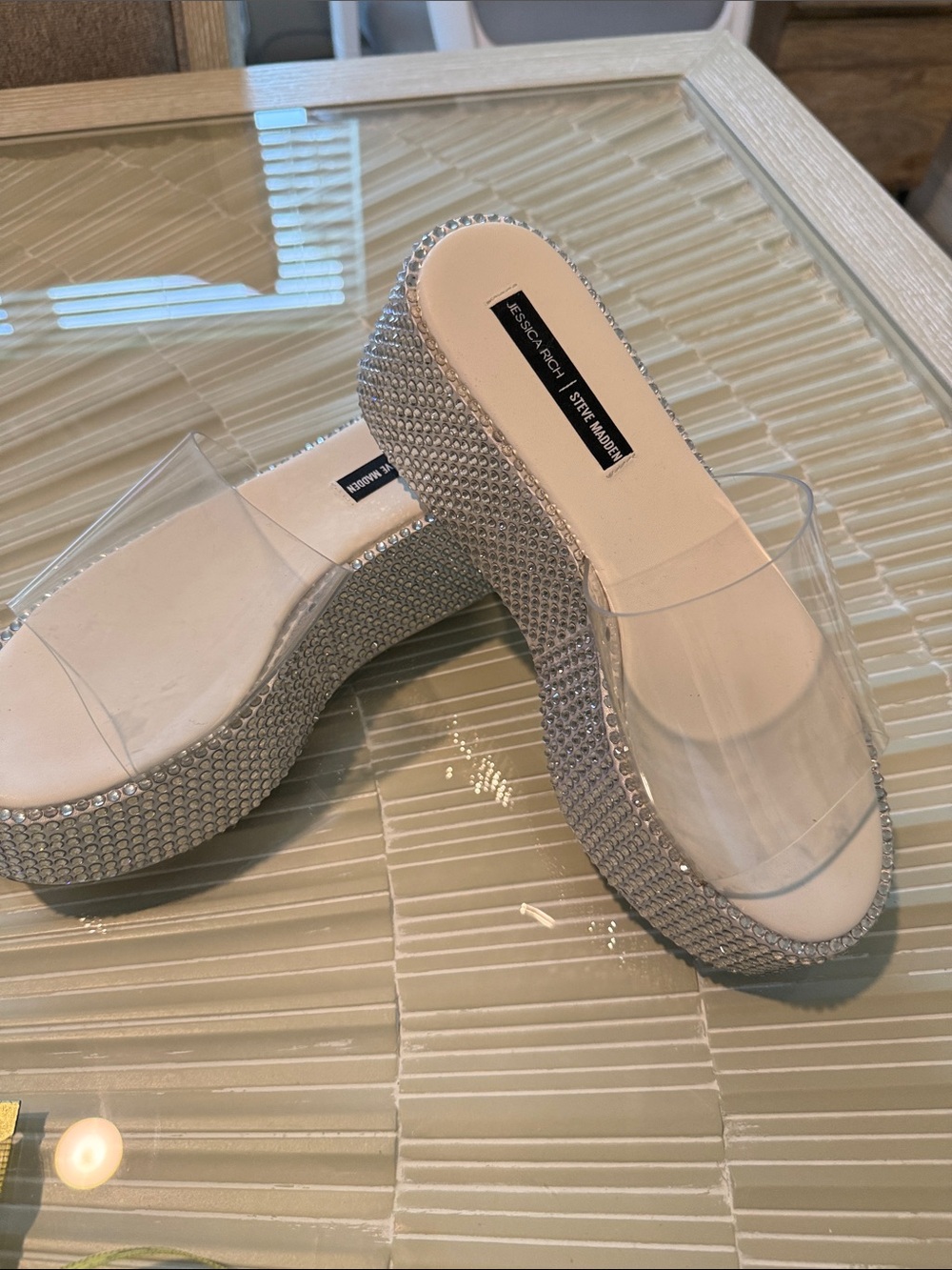 Steve Madden Clear Strap Rhinestone Platform Mules - Silver/White
